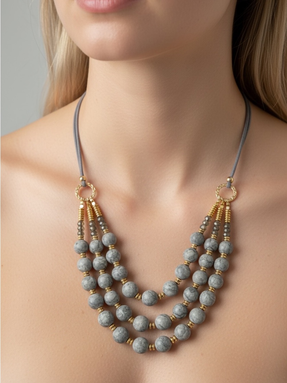 9/26 Multi-Strand Gray Bead Necklace with Gold Accents